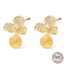 Real 18K Gold Plated 925 Sterling Silver Stud Earring Findings, with Micro Pave Clear Cubic Zirconia, Flower, for Half Drilled Beads, with S925 Stamp, Real 18K Gold Plated, 7.5x8.5mm, Pin: 11x1mm and 0.7mm