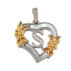 Letter S Латунь микропаве фианиты с подвесками-ракушками, Сердце и письмо, долговечный, без свинца и без кадмия, стойки покрытие, Письмо с, 20x20.5x3 мм, отверстие : 3.5x5 мм