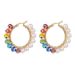 Colorful Shell Pearl & Evil Eye Lampwork Beaded Hoop Earrings, Gold Plated 304 Stainless Steel Wire Wrap Jewelry for Women, Colorful, 40x41x6mm, Pin: 0.6mm