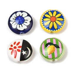 Mixed Color Printed Handmade Porcelain Beads, Flat Round, Mixed Color, 15x6mm, Hole: 2mm