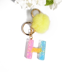 Letter H Resin Keychains, Pom Pom Ball Keychain, with KC Gold Tone Plated Iron Findings, Letter.H, 11.2x1.2~5.7cm