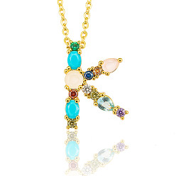 Letter K Golden Brass Micro Pave Cubic Zirconia Initial Pendants Necklaces, with Cable Chains, Colorful, Letter, Letter.K, 17.9~18.1 inch(45.5~46cm)x1.5mm, LetterK: 19x14x6mm