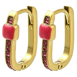 Темно-Розовый Ионное покрытие (ip) 304 прямоугольные серьги-кольца из нержавеющей стали с эмалью, со стразами, реальный 14 k позолоченный, темно-розовыми, 15.5x11.5x4 мм