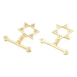 Real 18K Gold Plated Brass Pave Clear Cubic Zirconia Toggle Clasps, Nickel Free, Star, Real 18K Gold Plated, Bar: 5.5x23x2mm , Star: 18x14x2mm, Hole: 1.5mm