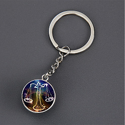 Libra Luminous Glass Pendant Keychain, with Alloy Key Rings, Glow In The Dark, Round with Constellation, Libra, 8.1cm