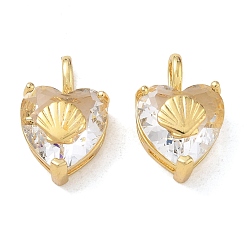 Clear Ocean Theme Brass & Glass Pendants, Faceted Heart with Shell Shape Charm, Real 18K Gold Plated, Clear, 19x12x7.5~8.5mm, Hole: 5.5x2mm