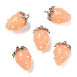 Light Salmon Resin Pendants, Strawberry Charm, with Alloy, Platinum, Light Salmon, 21x12.5x12mm, Hole: 1.5mm