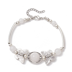 Белый Нефрит Браслеты из натурального белого нефрита, бабочка, с круглыми бусинами из сплава в тибетском стиле и латунными трубчатыми бусинами, 7-3/4 дюйм (19.8 см)