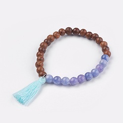 Quartz Natural Quartz(Dyed) Stretch Bracelets, Imitation Aquamarine, with Wood Beads and Cotton Thread Tassel, 2-1/8 inch(5.5cm)