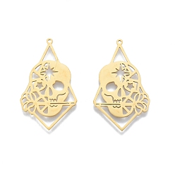 Real 18K Gold Plated 201 Stainless Steel Pendants, Skull, Real 18K Gold Plated, 38.5x22.5x1mm, Hole: 1.2mm