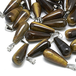 Tiger Eye Natural Tiger Eye Pendants, with Stainless Steel Snap On Bails, teardrop, 28~30x10~12mm, Hole: 6x4mm