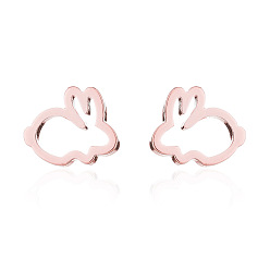 Rose Gold 304 Stainless Steel Hollow Out Rabbit Stud Earrings for Women, Rose Gold, 60x70mm