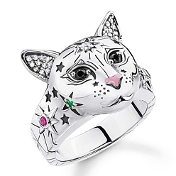 Platinum Colorful Rhinestone Lion with Star Finger Ring, Alloy Jewelry for Women, Platinum, US Size 5(15.7mm)