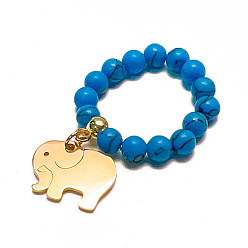 Elephant Dodger Blue Turquoise Finger Rings, with Stainless Steel Pendant, Bohemia Style Rings for Women, Elephant Pattern, 4mm, Inner Diameter: 17~18mm