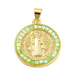 Lawn Green Brass Charms, with Shell, Cadmium Free & Lead Free, Long-Lasting Plated,  Flat Round with Cssml Ndsmd Cross God Father Religious Christianity, Real 18K Gold Plated, Lawn Green, 23x20x2mm, Hole: 4x3.5mm