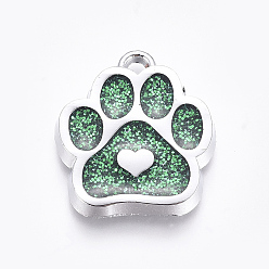 Green Enamel Pendants, with Platinum Plated Alloy Findings and Glitter Powder, Dog Paw Prints with Heart, Green, 18.8x16.5x2.2mm, Hole: 1.5mm