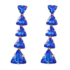 Deep Blue Exaggerated Multi-layer Triangle Glass Rhinestone Earrings for Women with Claw Chain