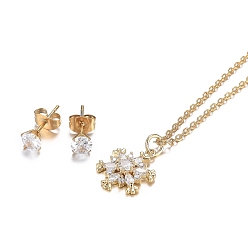 Golden Christmas 304 Stainless Steel Rhinestone Jewelry Sets, Snowflake Pendant Necklaces and Stud Earrings, Cable Chains, Lobster Claw Clasps and Ear Nuts, Crystal, Golden, 18.11 inch(46cm), 15x5.5mm, Pin: 0.7mm
