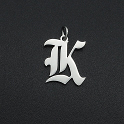 Letter K 304 Stainless Steel Pendants, with Jump Ring, Old English, Letter, Laser Cut, Stainless Steel Color, Letter.K, 16x14x1mm, Hole: 3mm