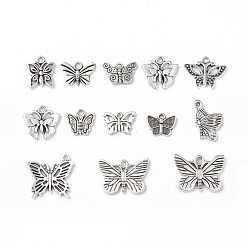 Antique Silver Tibetan Style Alloy Pendants, Butterfly Charms, Antique Silver, 12~17x13~22x2mm, Hole: 2mm, 22pcs/set