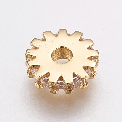 Golden Brass Micro Pave Cubic Zirconia Bead Spacers, Flat Round/Gear, Clear, Golden, 8x2mm, Hole: 2mm
