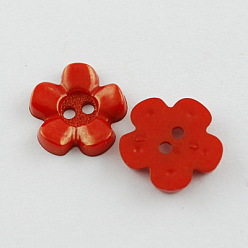 Red Acrylic Buttons, 2-Hole, Dyed, Flower, Red, 15x15x3mm, Hole: 2mm