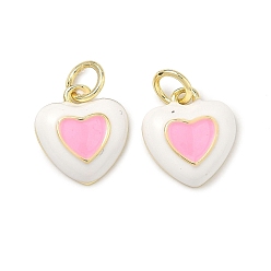 Pink Латунь эмаль подвески, сердце прелести, долговечный, стойки покрытие, без свинца и без кадмия, реальный 18 k позолоченный, розовые, 12.5x11.5x4 мм, Перейти кольцо: 5.5x1 мм, 3 мм внутренним диаметром