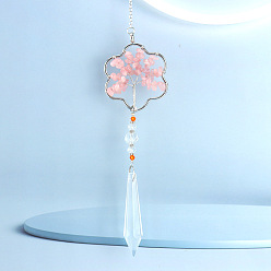 Flower Crystals Hanging Pendants Decoration, with Natural Rose Quartz Chips and Alloy Findings, for Home, Garden Decoration, Flower, 230mm