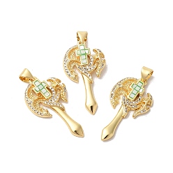 Light Green Axe Shapes Rack Plating Brass Cubic Zirconia Pendants, with Enamel & Shell, Long-Lasting Plated, Lead Free & Cadmium Free, Real 18K Gold Plated, Light Green, 31x16x3mm, Hole: 4x5mm