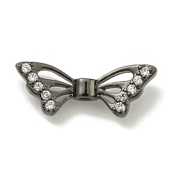 Черный Цвет Металла Покрытие стойки латунь микро паве бусина циркония, долговечный, без свинца и без кадмия, бабочка, металлический черный , 6.8x18x3.5 мм, отверстие : 1.2 мм