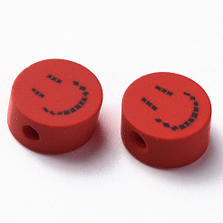 (123L) Белый крем непрозрачный блеск Бусины из полимерной глины , для поделок ювелирных изделий, плоские круглые с улыбающееся лицо, огнеупорный кирпич, 9x4~5 мм, отверстие : 1.6 мм