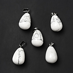 Howlite Natural Howlite Pendants, with Platinum Tone Brass Findings, Teardrop Charm, 20~21x11~12mm, Hole: 6x3.5mm