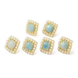 Amazonite Natural Amazonite Square Stud Earrings with Plastic Pearl Beaded, Real 14K Gold Plated Brass Jewelry, 18x18mm