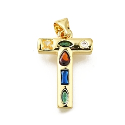 Letter T Латунные микропаве прозрачные подвески с фианитом, с целью перехода в кольце, без свинца и без кадмия, долговечный, стойки покрытие, письмо амулеты, реальный 18 k позолоченный, Письмо T, 19~21x9.5~20x2.7 мм, Перейти кольцо: 5x1 мм, 3 mm внутреннего диаметра.