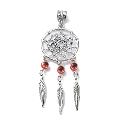 Antique Silver Alloy Pendant, with Plastic Evil Eye Bead, Flat Round with Evil Eye, Antique Silver, 82mm, Hole: 4.5mm