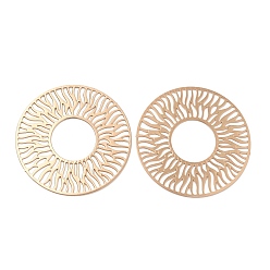 Light Gold Long-Lasting Plated Brass Filigree Joiners, Etched Metal Embellishments, Flat Round with Sun, Light Gold, 30x0.3mm