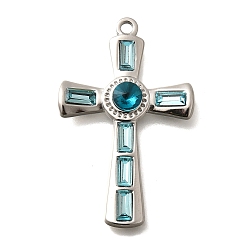 Аквамарин 304 подвески из нержавеющей стали, со стразами, цвет нержавеющей стали, крестик, аквамарин, 37.5x23.5x4.5 мм, отверстие : 2 мм