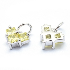 Real Platinum Plated Brass Charms, with Cubic Zirconia, Cadmium Free & Nickel Free & Lead Free, Heart, Yellow, Real Platinum Plated, 7x8x4mm, Hole: 3mm