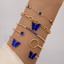 23560-blue Blue Butterfly Diamond Inlaid Hollow Four-layer Bracelet Geometric Open-ended Set of Four Bracelets for Women