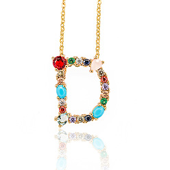 Letter D Golden Brass Micro Pave Cubic Zirconia Initial Pendants Necklaces, with Cable Chains, Colorful, Letter, Letter.D, 17.9~18.1 inch(45.5~46cm)x1.5mm, LetterD: 21x17x6mm