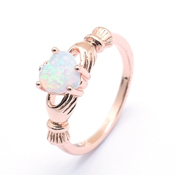 Rose Gold Synthetic Opal Finger Rings, with Cubic Zirconia and Brass Findings, Long-Lasting Plated, Irish Heart, Size 7, White, Rose Gold, 17mm