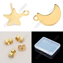Doré  60 pièces 2 styles étoile et lune 304 apprêts de boucles d'oreilles à clous en acier inoxydable, avec boucle, 60pièces de finitions pour écrous à friction en laiton, or, boucle d'oreille: 8.5~15x8.5~9.3 mm, 30 pcs / style