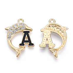 Light Gold Alloy Enamel Pendants, with Crystal Rhinestone, Cadmium Free & Lead Free, Dolphin with Initial Letter A, Light Gold, 27x19x2.5mm, Hole: 1.8mm