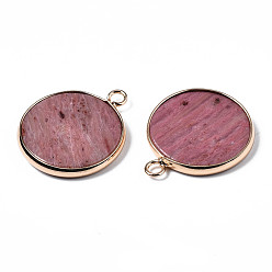 Rhodochrosite Natural Rhodochrosite Pendants, with Golden Plated Brass Edge and Loop, Flat Round, 25x21x3.5mm, Hole: 2mm