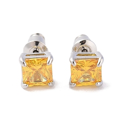 Золотистый Серьги-гвоздики из латуни с микропаве из кубического циркония, долговечный, квадратный, платина, золотые, 6.5x6.5 мм