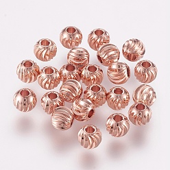Rose Gold Brass Spacer Beads, Long-Lasting Plated, Corrugated Round, Rose Gold, 4x3mm, Hole: 1.6mm