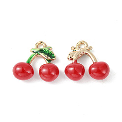 Red Brass Enamel Charms, Imitation Fruit, Light Gold, Cherry Charm, Red, 12x11.5x5mm, Hole: 1.2mm