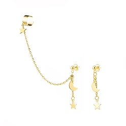 Golden 304 Stainless Steel Moon and Star Asymmetrical Earrings, Stud Earrings with Dangle Chain Ear Cuff Crawler Climber for Women, Golden, 39~109mm, Pin: 0.2mm, 2Pcs/set