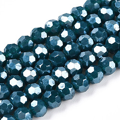 Steel Blue Opaque Glass Beads Strands, Faceted, Round, Steel Blue, 4mm, Hole: 0.7mm, about 88~95pcs/strand, 12.99~14.06 inch(33~35.7cm)