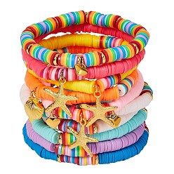 Mixed Color Stretch Charm Bracelets Sets, with Handmade Polymer Clay Heishi Beads and Brass Spacer Beads and Alloy Pendants, Mixed Color, Inner Diameter: 2-1/8 inch(5.5cm), 10pcs/set